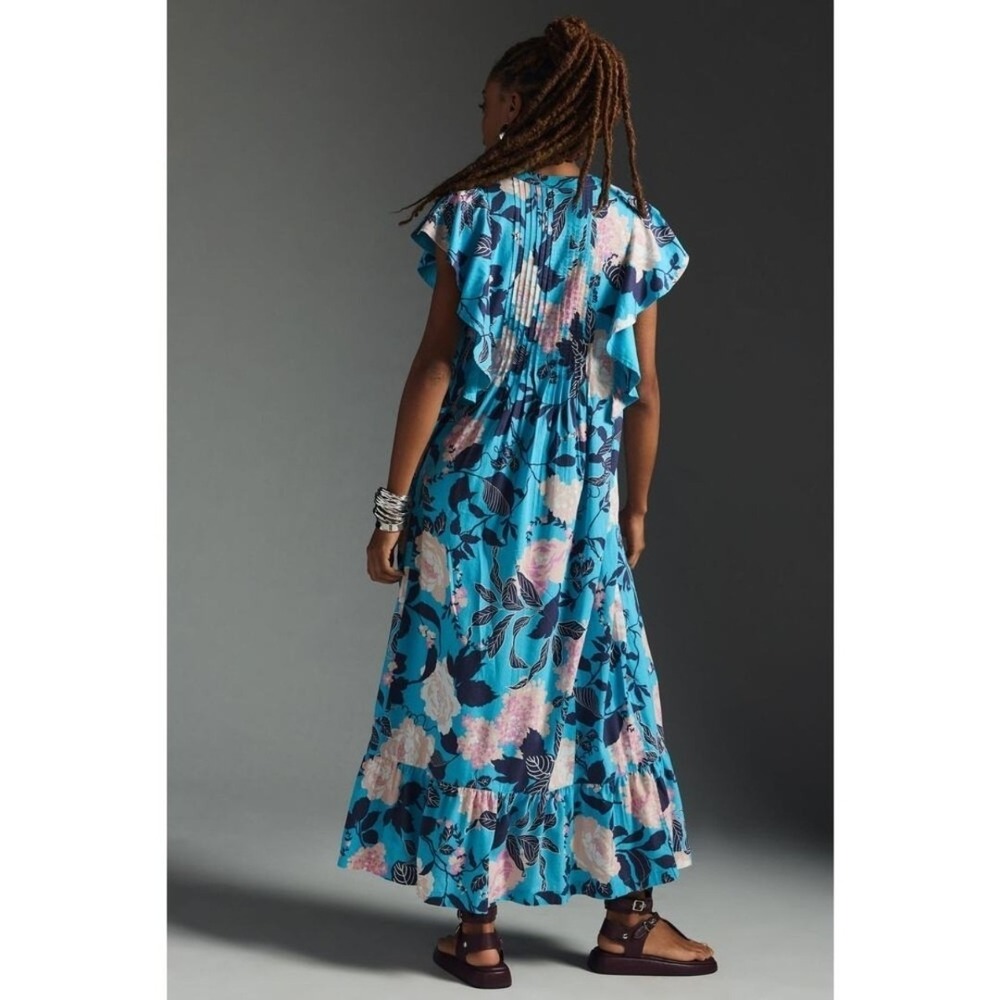 Anthropologie Maeve Dress XSP The Cassandra Maxi Blue Botanical Pintucked Boho - Picture 4 of 16